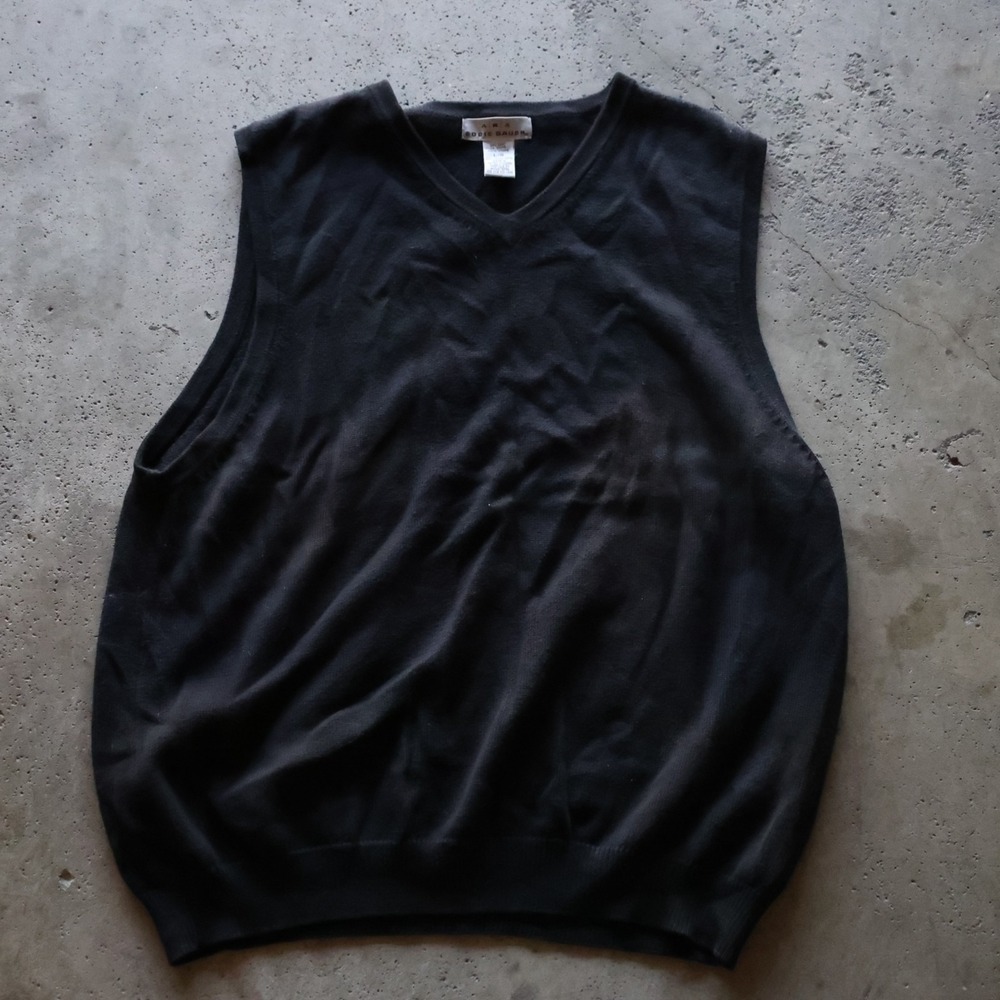 Vintage AKA Eddie Bauer Mens Black Sweater Vest Size Large V-Neck 100% Cotton
